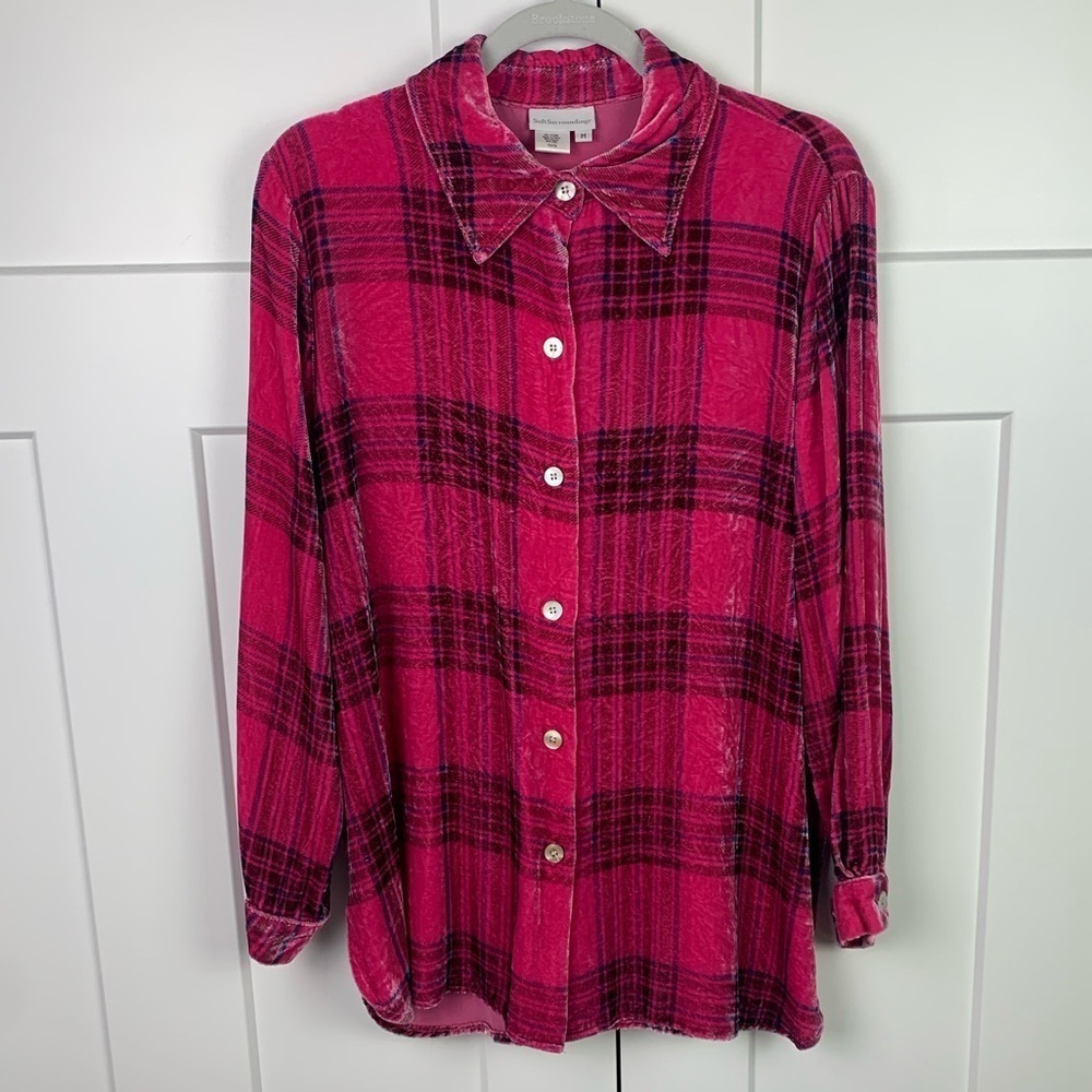 Soft Surroundings MEDIUM Velvet Button Front Blouse Pink Plaid Silk Romantic